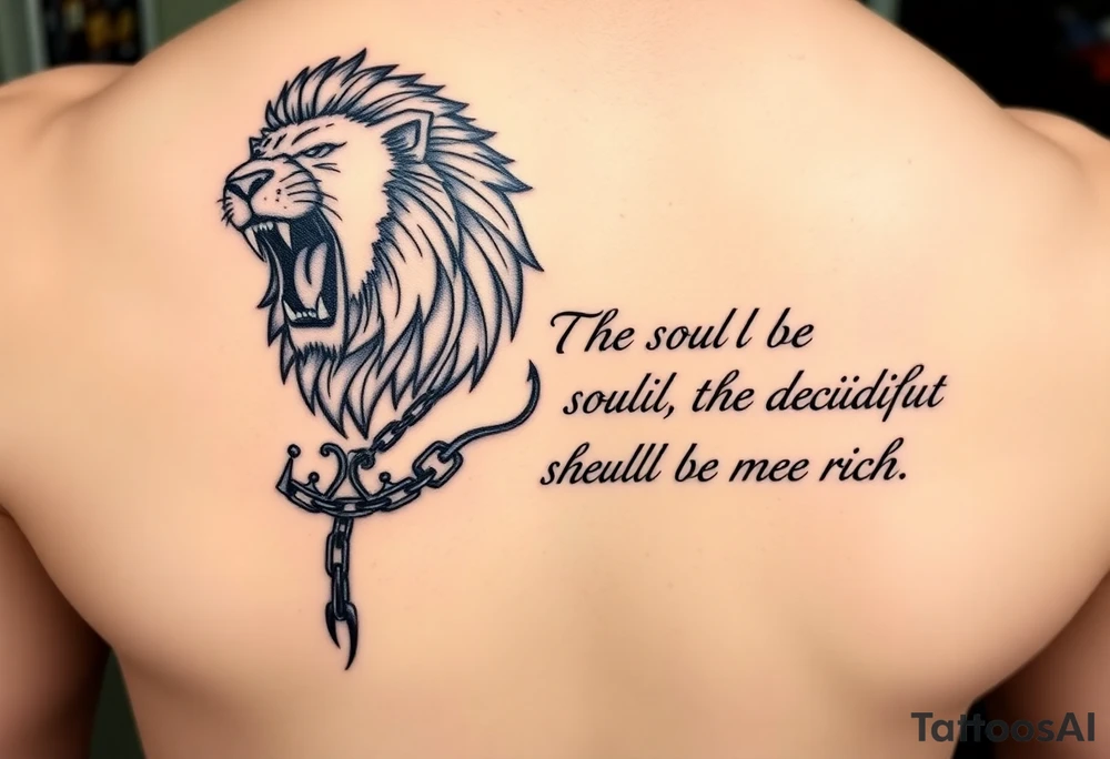 Very masculine and strong for calf shape.

Top of calf:
	•	Roaring lion (discipline, kingship)

Below:
	•	Broken chain (laziness)
	•	Crown resting on a Bible or stone tablet

Text:
	•	The main line: “The soul of the diligent shall be made rich.” larger
	•	First half smaller above or below
	•	Proverbs reference under the lion’s jaw

This works well if your cover-up needs bold contrast and texture (lion’s mane hides a lot). tattoo idea