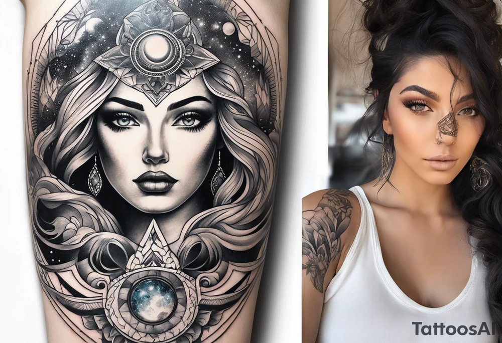 A surrealistic forarm sleeve tattoo featuring beautiful goddess’s face with glowing eyes creating the universe tattoo idea