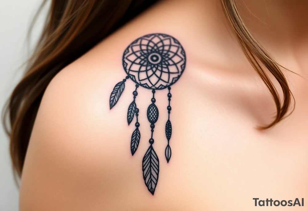 native dreamcatcher with flowing feathers and sacred beads tattoo idea