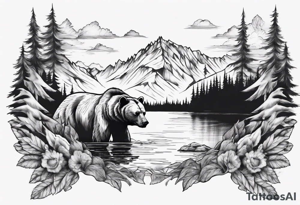 bear head right above the forest line with a lake below, full arm sleeve tattoo tattoo idea