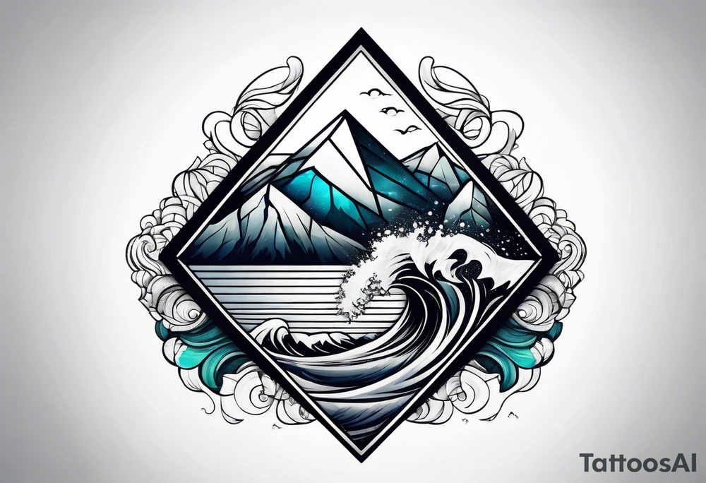 Mountains and big ocean waves  crashing diamond shape half and half tattoo idea
