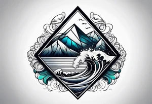 Mountains and big ocean waves  crashing diamond shape half and half tattoo idea