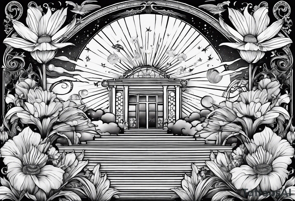 om, sparrow, sunrays, staircase, cosmos, iris, daisy tattoo idea