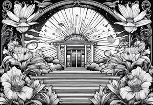 om, sparrow, sunrays, staircase, cosmos, iris, daisy tattoo idea