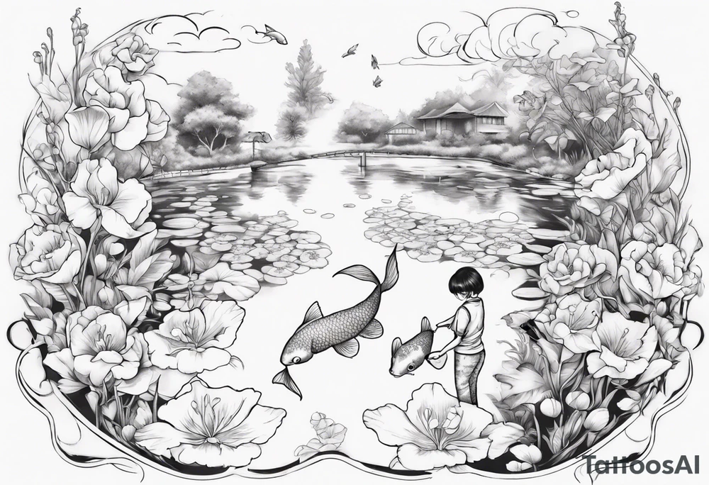 woman and little boy, watering sweet pea flowers, surrounding a pond with 2 koi fish swimming tattoo idea