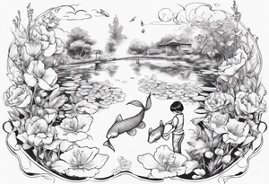 woman and little boy, watering sweet pea flowers, surrounding a pond with 2 koi fish swimming tattoo idea