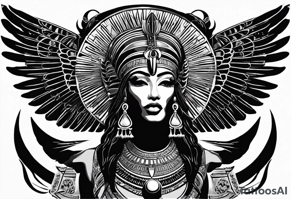black and white Egyptian goddess Isis, who is often depicted as a woman with outstretched wings, holding an ankh (a symbol of life) in one hand and a lotus flower in the other. Her headdress often includes a throne or a solar disk. The tattoo design can vary in style and size, but it typically aims to capture the essence of this revered Egyptian deity, emphasizing her beauty, power, and maternal qualities. The choice of colors and additional elements can also be customized to create a unique and visually striking representation of the goddess Isis tattoo idea
