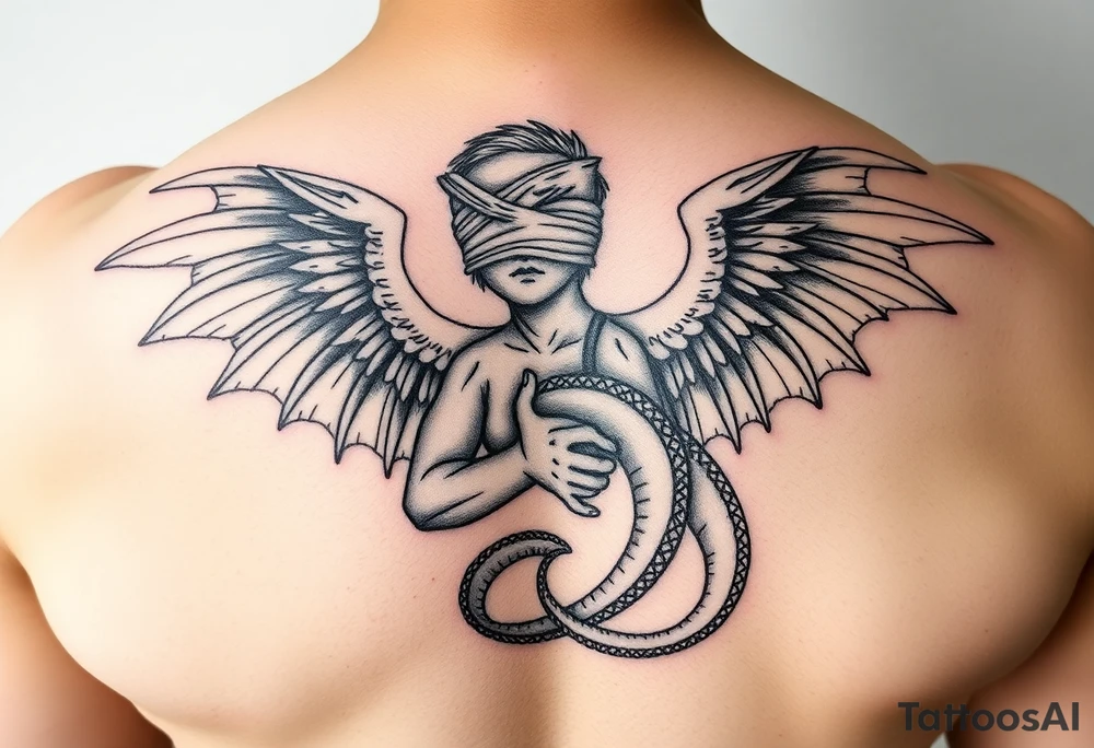 Angel blindfolded holding draco tattoo idea