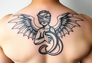 Angel blindfolded holding draco tattoo idea