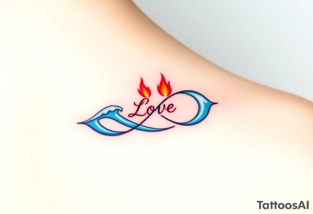 A fire and water-themed infinity symbol, with "Love" written where the two elements meet—flames in deep red and blue waves blending seamlessly tattoo idea