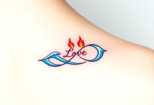 A fire and water-themed infinity symbol, with "Love" written where the two elements meet—flames in deep red and blue waves blending seamlessly tattoo idea