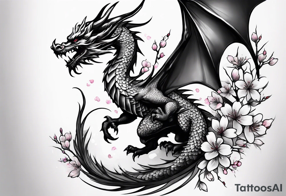 A dragon with wings covered in cherry blossoms on the thigh tattoo idea