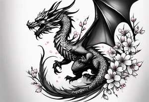 A dragon with wings covered in cherry blossoms on the thigh tattoo idea