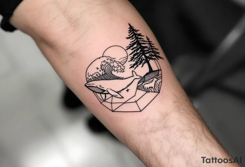 Fine line powerful ocean half sleeve with a wave, a whale, a Joshua tree, and a dog as separate elements connected by geometric patterns tattoo idea