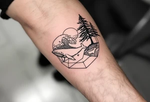 Fine line powerful ocean half sleeve with a wave, a whale, a Joshua tree, and a dog as separate elements connected by geometric patterns tattoo idea