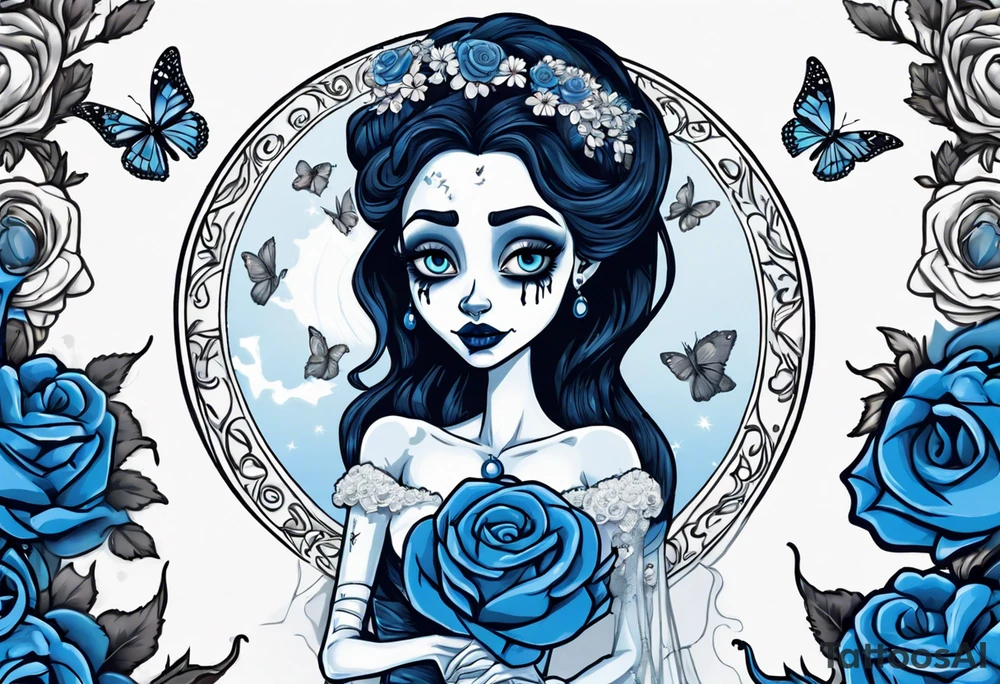 corpse bride Emily wearing a wedding dress. the vail on her head. she is holding a bouquet of blue roses in the middle of the bouquet  there is one white daisy. there is one blue butterfly flying around her. A full moon on the background. tattoo idea