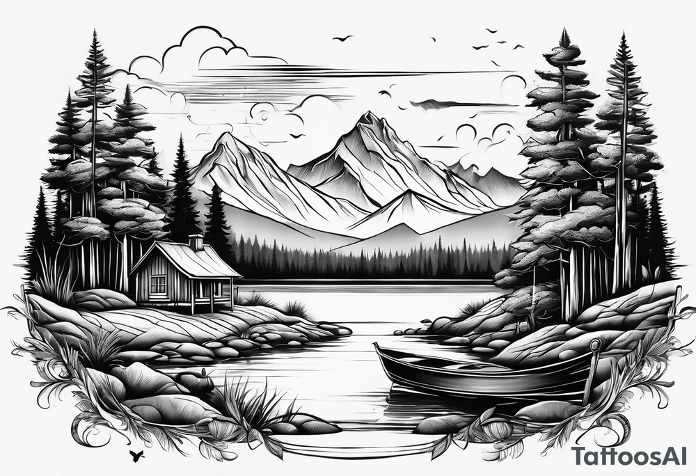 landscape and fishingpole and line with hook tattoo idea