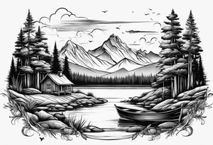 landscape and fishingpole and line with hook tattoo idea