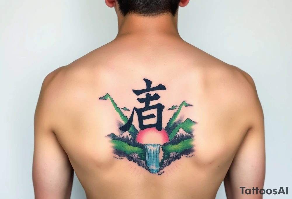 I need to import a photograph as the focal point of the tattoo. The Burmese word သား Inside of a photo the subject of the photo.  The photo surrounded by a colorful green mountainside with a waterfall tattoo idea