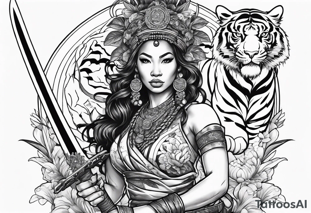 Jamaican goddess with sword in hand and tiger Japanese traditional style tattoo idea