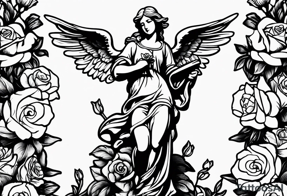 Simple Angel statue stood on a rock with daffodils and roses wrapped around its legs tattoo idea