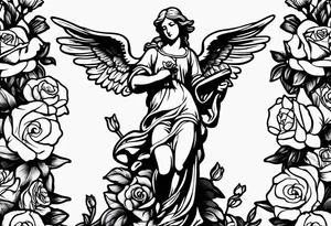 Simple Angel statue stood on a rock with daffodils and roses wrapped around its legs tattoo idea