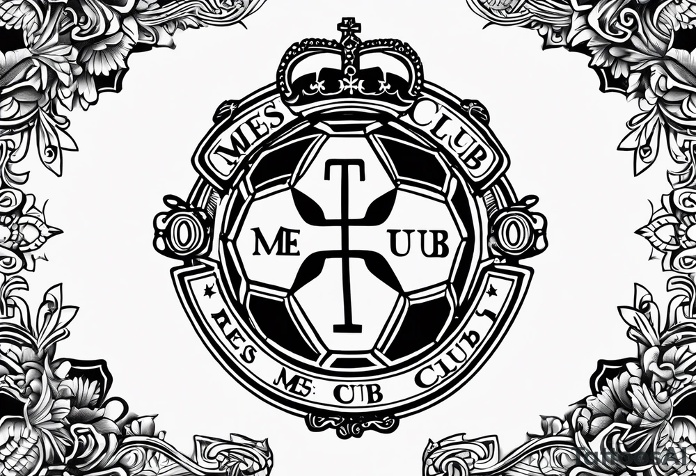 MÉS QUE UN CLUB text with soccer ball and a cross christian theme tattoo idea