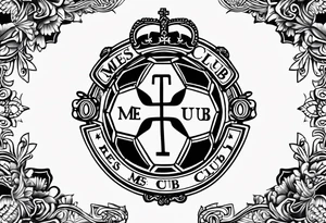 MÉS QUE UN CLUB text with soccer ball and a cross christian theme tattoo idea