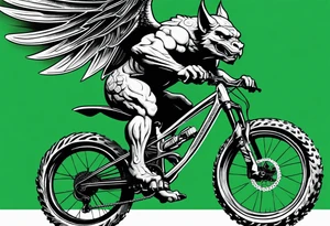 gargoyle riding a green full suspension mountain bike with a shadow no background with wings tattoo idea