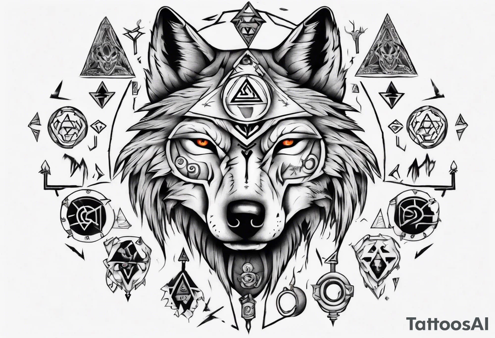 wolf head with zelda symbols around tattoo idea