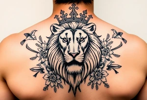 powerful majestic lion with a crown, surrounded by floral ornaments and birds tattoo idea