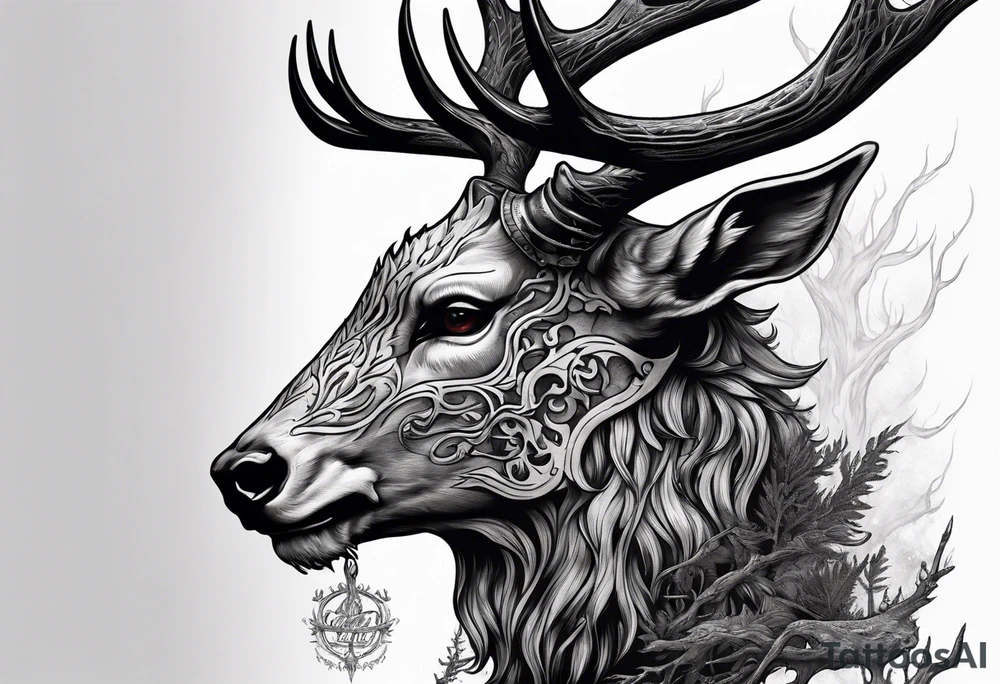A side profile of a wendigo with a deer skull head, forest fire tattoo idea