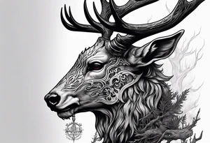 A side profile of a wendigo with a deer skull head, forest fire tattoo idea