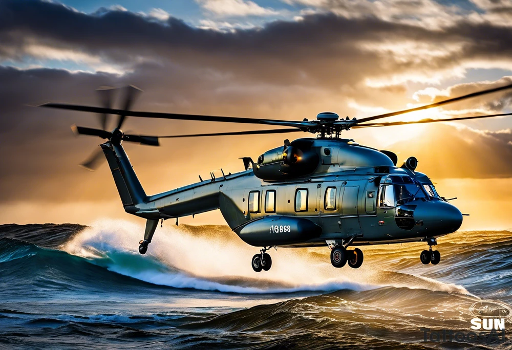 Canadian military grey CH-148 Cyclone helicopter soaring low over rough, ocean waves. The sun is setting, casting a dramatic glow on the scene with realistic clouds and a specular reflection of the helicopter on the water. The helicopter should be the main focus, with intricate details and a sense of motion. In the background, a poppy be prominently displayed tattoo idea
