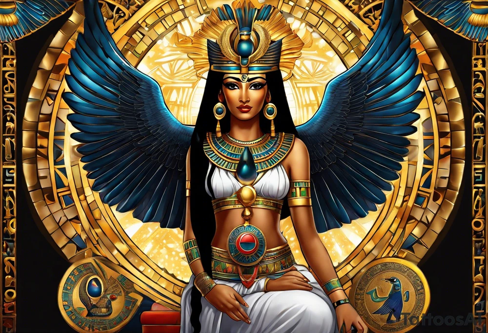 Egyptian goddess Isis, who is often depicted as a woman with outstretched wings, holding an ankh (a symbol of life) in one hand and a lotus flower in the other. Her headdress often includes a throne or a solar disk. The tattoo design can vary in style and size, but it typically aims to capture the essence of this revered Egyptian deity, emphasizing her beauty, power, and maternal qualities. The choice of colors and additional elements can also be customized to create a unique and visually striking representation of the goddess Isis. tattoo idea