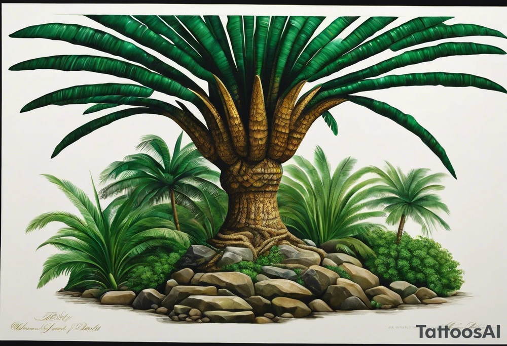 Tattoo: A striking Gachala emerald sits at the base of a tall quindio wax palm, which grows resiliently from cracks in rugged, rocky soil. The emerald is the main focal point, symbolizing strength and endurance, while the wax palm, rooted in the soil’s crevices, represents growth and resilience. A small water stream flows gently from the rocks, adding an element of life and nourishment tattoo idea