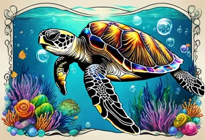large sea turtle swimming from left to right with corral around it and bubbles from the ocean water, plus next to it is a colorful jellyfish with long flowing tentacles tattoo idea