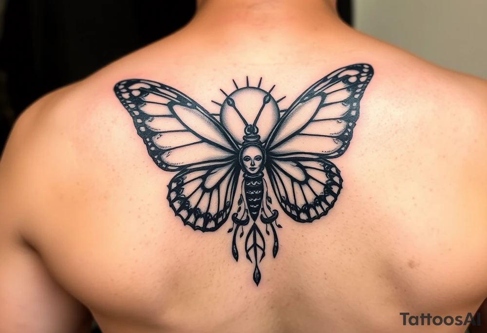 Butterfly, moon and sun, number 12, tattoo idea