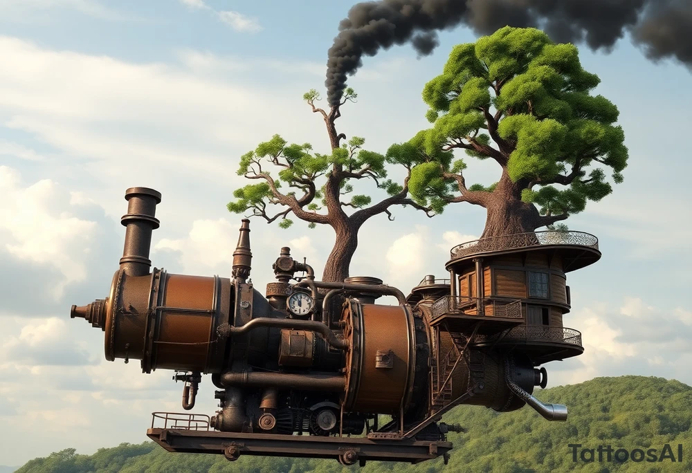tree growing out of a v shaped engine with lots of pipes, guages and steam around the engine 
 with a smoke stack coming out of the top 
 billowing black smoke as if the tree and engine were a flying machine flying through the air 
 with an extreme steam punk vibe alot more steam punk 
it should look somewhat like a hot air baloon where the tree is the balloon and the machine is the basket but they are together as one unit, and the sky should have clouds in the back ground as if it were chugging along flying through the sky and needs to look extremely steam punk
the smoke stack should be coming out of the tree and the smoke should be trailing behind the machine 
the tree is the actual smoke stack for the machine 
the smoke stack should be a branch pointing up and out with smoke billowing out of it 
and the motor should be a motor that is kind of shaped like the letter V
and there should be a little tree house built in the tree with steam punk looking windows and some stairs down to a platform on the top of the engine 
the tree house shouold be built into the tree as if it were grown into the tree tattoo idea
