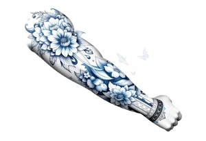 porcelain blue style with ornate and floral decor with a detailed banded border at the wrist and elbow. add animal decor also tattoo idea