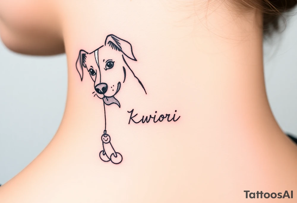 One line tattoo of female dog with white strip going up dog’s snout slightly off centered. With  toy and the dogs tongue slightly out and the name kiwi and an Aquarius them to it . Just the colors black  white brown and green tattoo idea