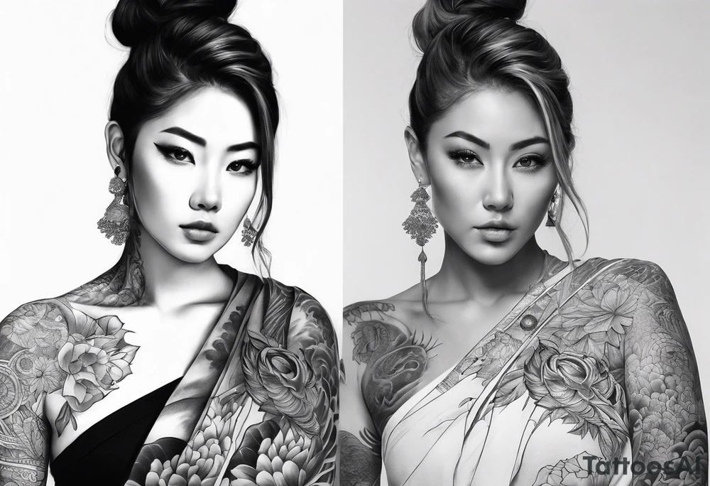 High contrast black and grey Japanese full arm tattoo tattoo idea