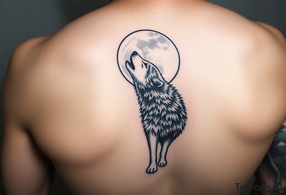 lone wolf howling at full moon with northern lights backdrop tattoo idea