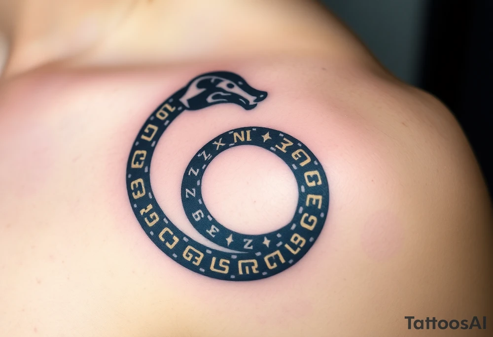 An obsidian black Ouroboros snake forming cyrcle with golden runes carved into its scales, creating a mystical, ancient feel. tattoo idea