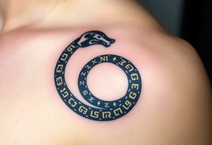 An obsidian black Ouroboros snake forming cyrcle with golden runes carved into its scales, creating a mystical, ancient feel. tattoo idea