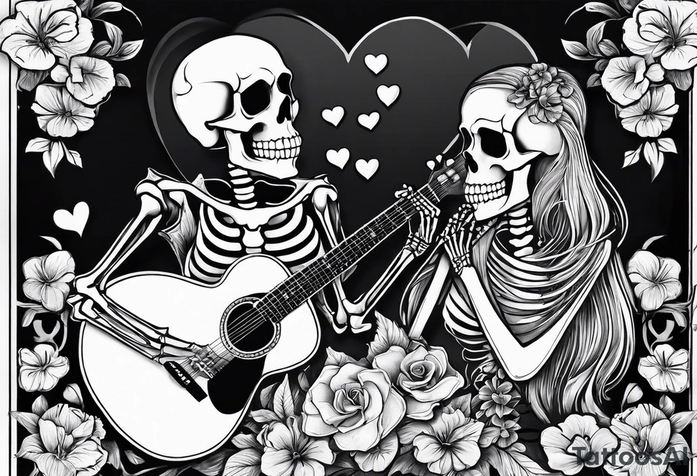 a female and male skeleton in love. The female has hibisucs flowers and the male is playing the guitar tattoo idea