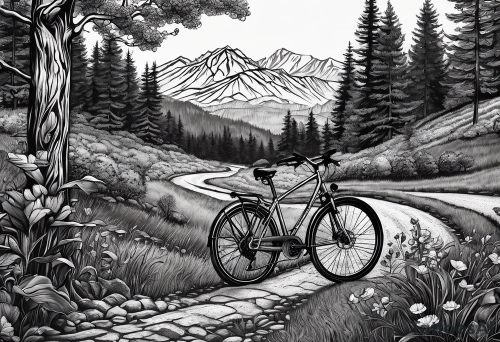 Gravelbike auf einer Schotter Straße. Im Hintergrund Wald und Berge. tattoo idea