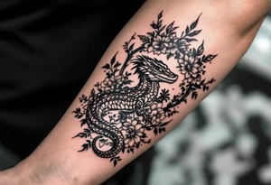 powerful majestic reptile, surrounded by floral ornaments tattoo idea