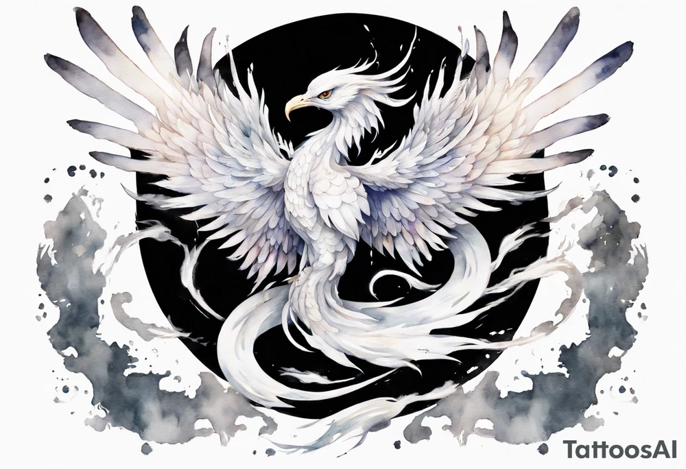 a white phoenix-serpent hybrid wearing a crown, flying in the air tattoo idea
