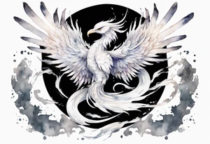 a white phoenix-serpent hybrid wearing a crown, flying in the air tattoo idea